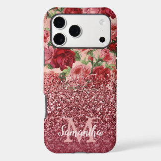 Rose Gold Glitter Vintage Red Pink Rose Floral