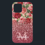 Rose Gold Glitter Vintage Red Pink Rose Floral iPhone 12 Case<br><div class="desc">Chic, Elegant, Vintage, Pink, Pale violet red, rose floral personalised name and monogrammed iphone case. Romantic, girly design features vintage floral in pink, pale violet red roses background and a bottom dark rose gold and burgundy glitter overlay. You can customise with your name and monogram initial. If you do not...</div>
