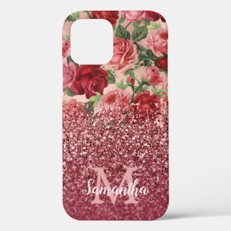 Rose Gold Glitter Vintage Red Pink Rose Floral iPhone 12 Case