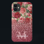 Rose Gold Glitter Vintage Red Pink Rose Floral Case-Mate iPhone Case<br><div class="desc">Chic, Elegant, Vintage, Pink, Pale violet red, rose floral personalised name and monogrammed iphone case. Romantic, girly design features vintage floral in pink, pale violet red roses background and a bottom dark rose gold and burgundy glitter overlay. You can customise with your name and monogram initial. If you do not...</div>