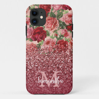 Rose Gold Glitter Vintage Red Pink Rose Floral Case-Mate iPhone Case