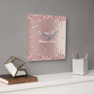 Rose Gold Glitter Wall Clock with Custom Text Name