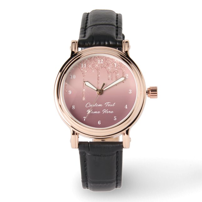 Rose Gold Glitter Watch with Custom Text Name (Front)