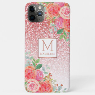 Rose Gold Glitter Watercolor Floral Monogram Name Case-Mate iPhone Case