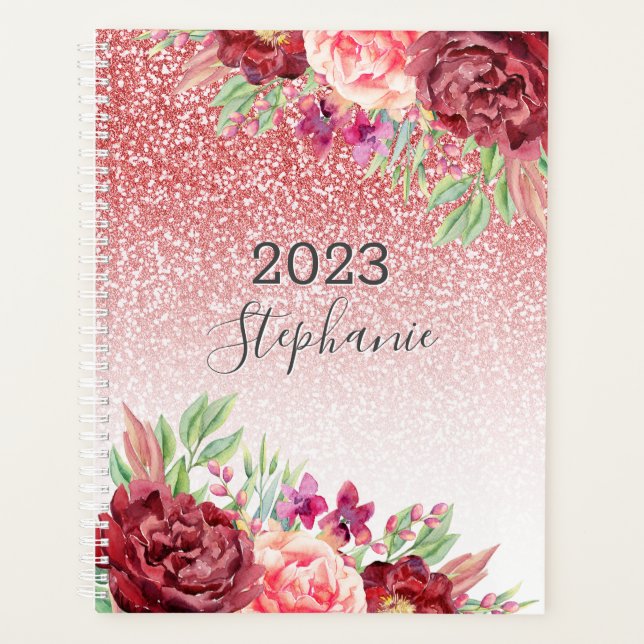 Rose Gold Glitter Watercolor Floral Personalised Planner (Front)