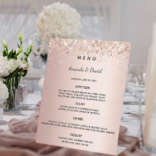 Rose gold glitter wedding dinner menu pedestal sign