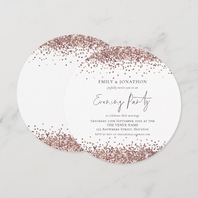 Rose Gold Glitter Wedding Evening Party Round Invitation (Front/Back)