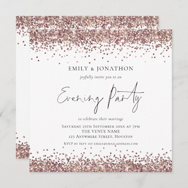 Rose Gold Glitter Wedding Evening Party Square Invitation (Front/Back)