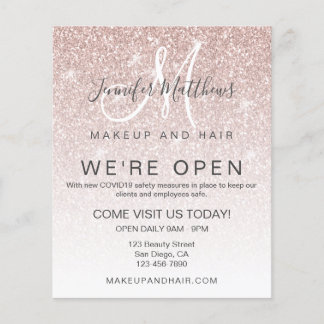 Rose Gold Glitter We're Open Salon COVID Safe Flyer