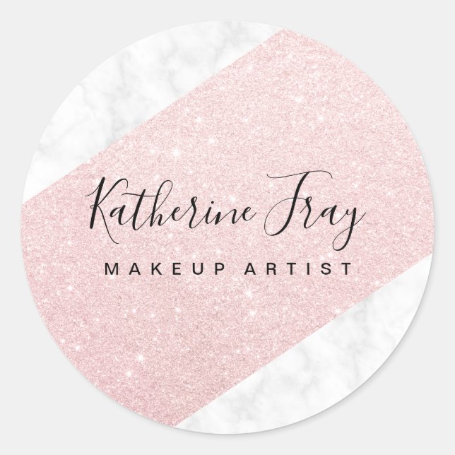 Rose gold glitter white black marble makeup classic round sticker (Front)