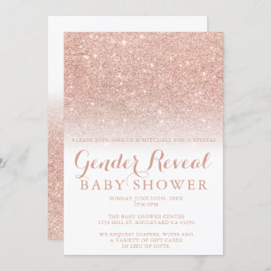 Rose gold glitter white gender reveal baby invitation