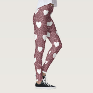 Rose Gold Glitter White Heart Pattern Valentine Leggings