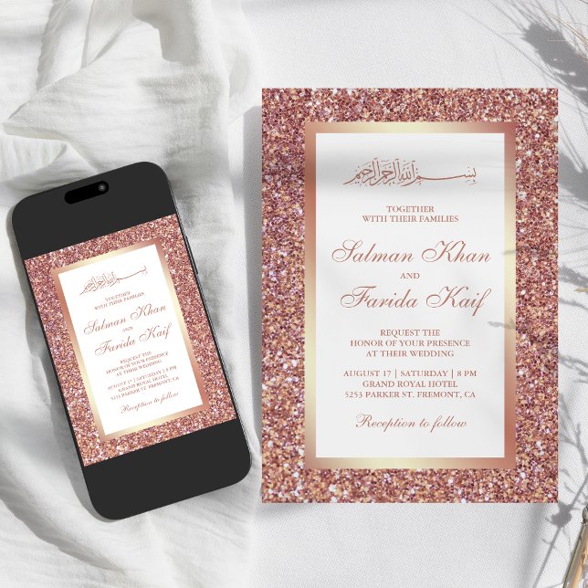 Rose Gold Glitter White Islamic Muslim Wedding Invitation (Creator Uploaded)