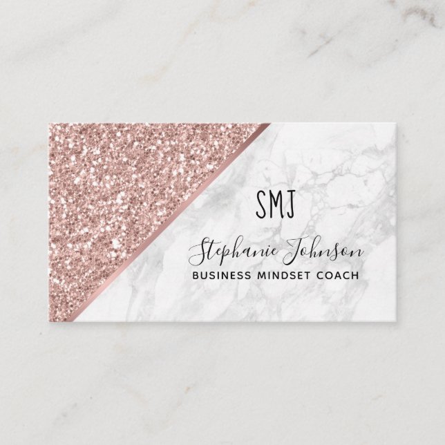 Rose Gold Glitter White Marble Monogram Logo Business Card (Front)
