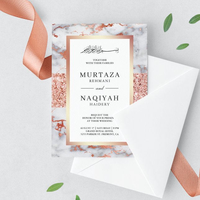Rose Gold Glitter White Marble Muslim Wedding Invitation (Creator Uploaded)