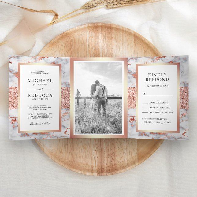 Rose Gold Glitter White Marble Photo Wedding Tri-Fold Invitation (Creator Uploaded)