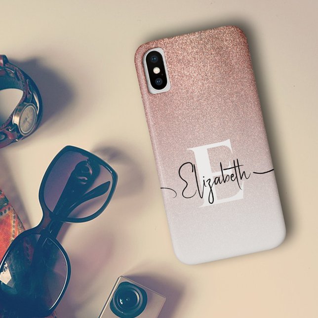 Rose Gold Glitter White Monogram Black Script Name Case-Mate iPhone Case (Creator Uploaded)