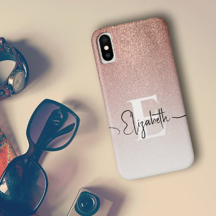 Rose Gold Glitter White Monogram Black Script Name Case-Mate iPhone Case