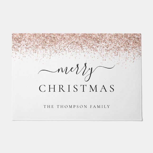 Rose Gold Glitter White Name Merry Christmas  Doormat (Front)