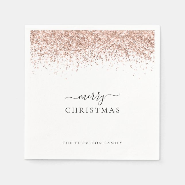 Rose Gold Glitter White Name Merry Christmas Napkin (Front)