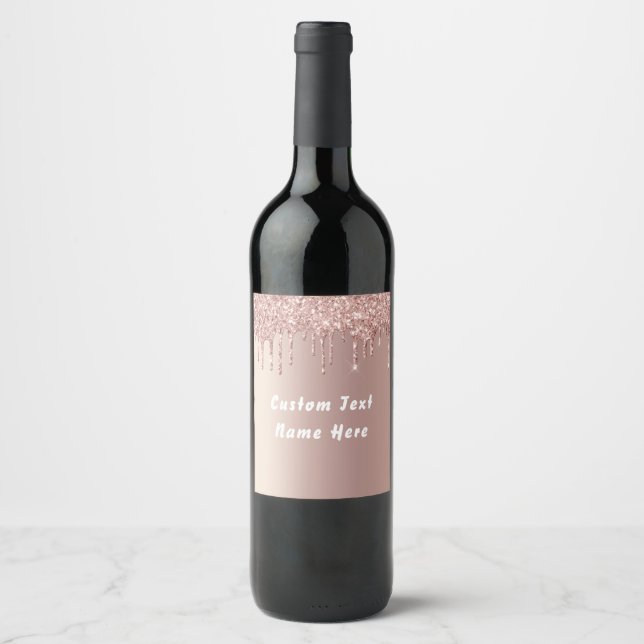 Rose Gold Glitter Wine Bottle Labels Custom Text (Front)