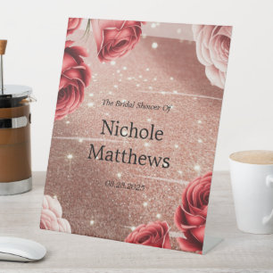 Rose Gold Glitter with Red Roses Bridal Shower Pedestal Sign