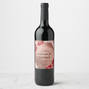 Rose Gold Glitter with Red Roses Wedding Wine Label