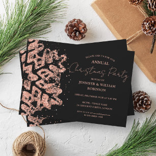 Rose Gold Glitter Xmas Snowflake Holiday Black Invitation