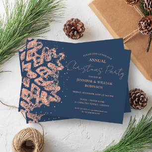 Rose Gold Glitter Xmas Snowflake Holiday Navy Invitation