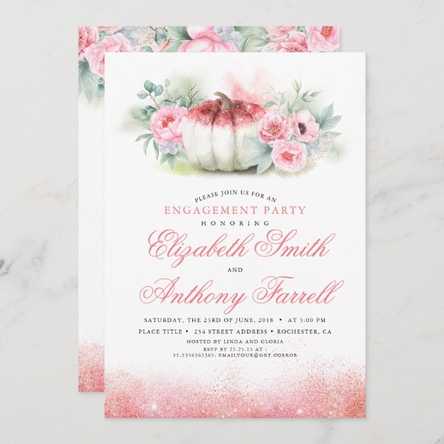 Rose Gold Glitters Pumpkin Fall Engagement Party Invitation (Front/Back)