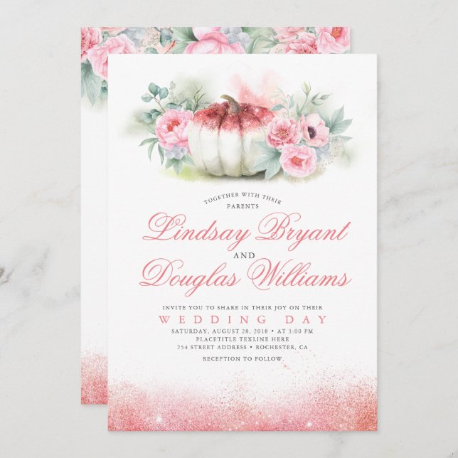 Rose Gold Glitters Pumpkin Fall Wedding Invitation (Front/Back)