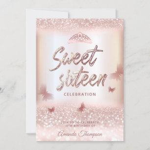 Rose gold glittery butterfly tiara calligraphy invitation