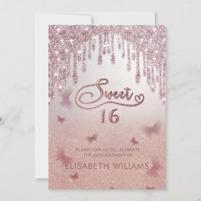 Rose gold glittery drips ombre butterfly  invitati invitation (Front)