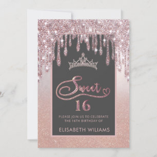 Rose gold glittery drips ombre tiara invitation