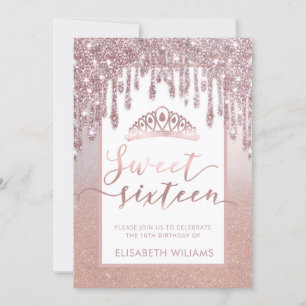 Rose gold glittery drips ombre tiara invitation
