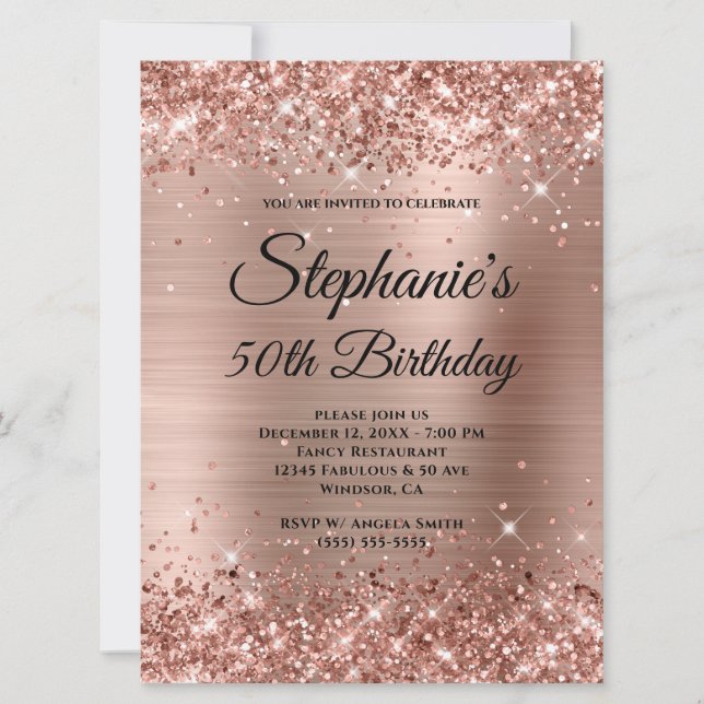 Rose Gold Glittery Foil Fancy Monogram Birthday Invitation (Front)
