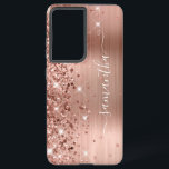 Rose Gold Glittery Foil Girly Signature Samsung Galaxy Case<br><div class="desc">Girly faux sparkly rose gold glitter highlights on the left edge, over a faux blush and rose gold ombre brushed metal foil. The modern girly signature features an elegant white calligraphy font with decorative tails in a vertical format. Customise the font styles or move the sparkle graphics to create your...</div>