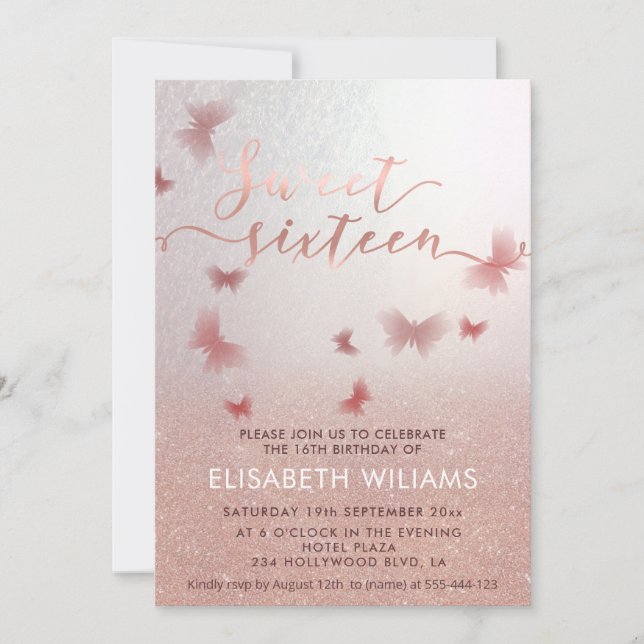 Rose gold glittery ombre charming butterfly  invit invitation (Front)