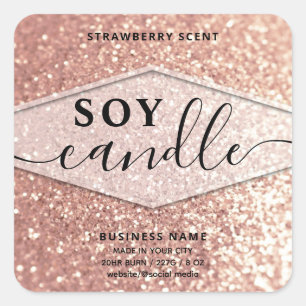 Rose gold glittery script soy candle label