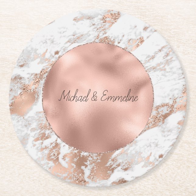 Rose Gold Glitz White Marble Wedding Round Paper Coaster (Front)