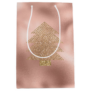 Rose Gold Glitzy Glitter Christmas Tree Medium Gift Bag