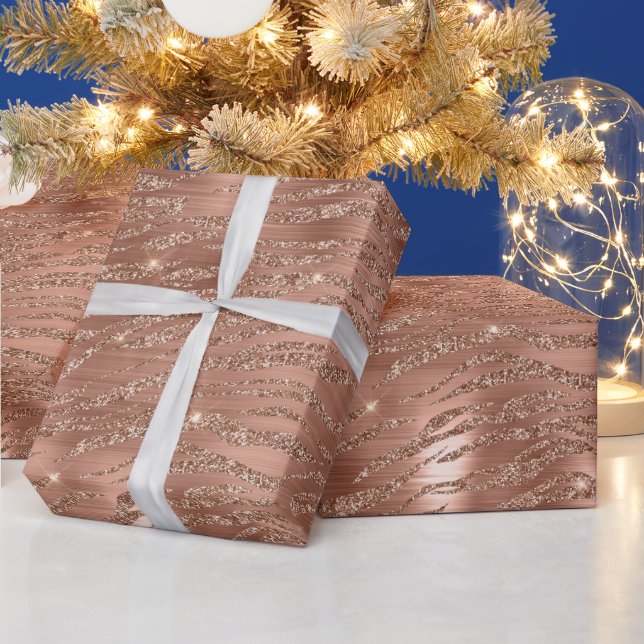 Rose Gold Glitzy Glitter Zebra Print Wrapping Paper (Holidays)