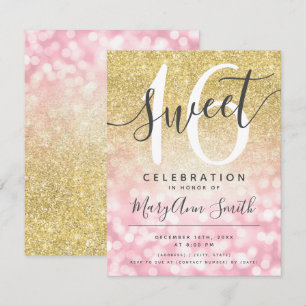Rose Gold & Gold Glitter Glam Lights 16th Birthday Invitation