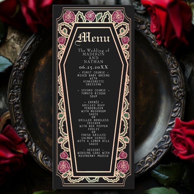 Rose Gold Gothic Coffin Rose Black Wedding Menu (Creator Uploaded)