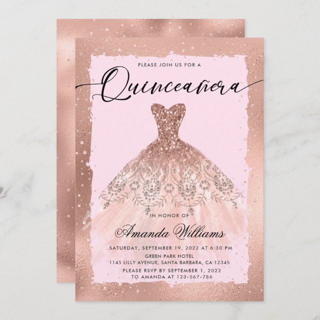 Rose Gold Gown Quinceañera  Invitation (Front/Back)