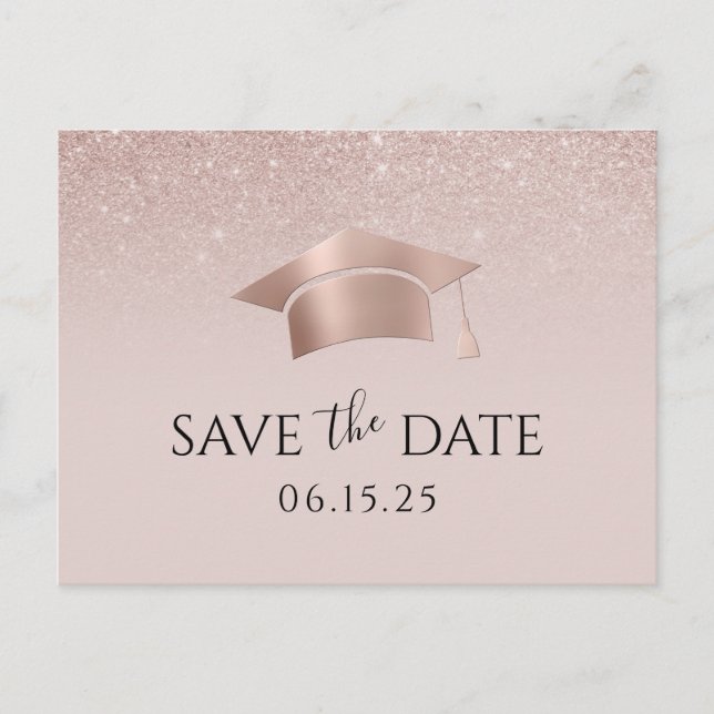 Rose Gold Grad Cap Blush Pink Ombre Graduation Announcement Postcard (Front)