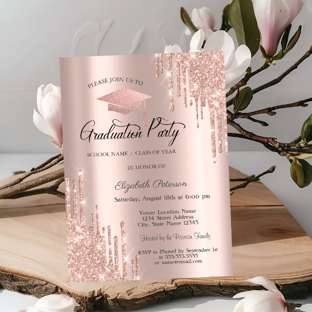 Rose Gold Grad Cap Glitter Drips,Graduation Invitation (Creator Uploaded)