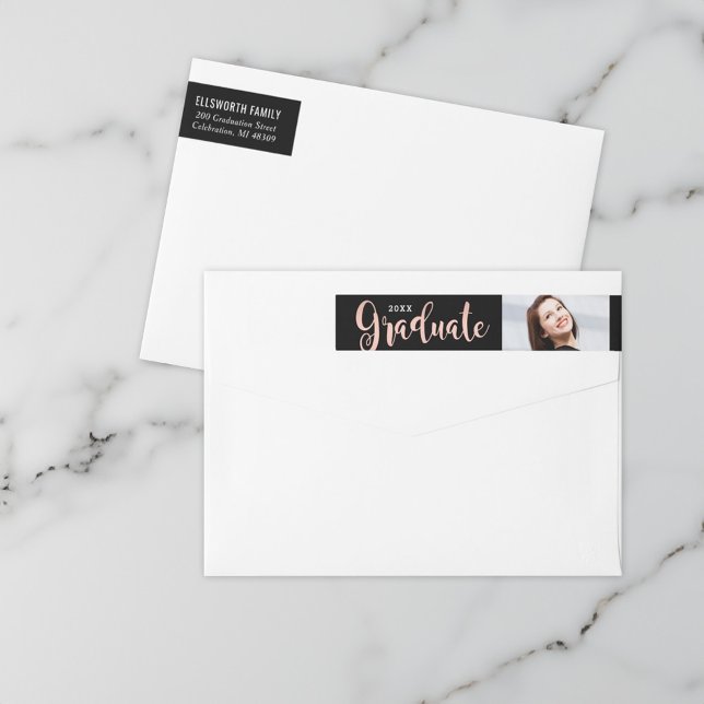 Rose Gold Graduate Photo Return Address Wrap Around Label (Creator Uploaded)