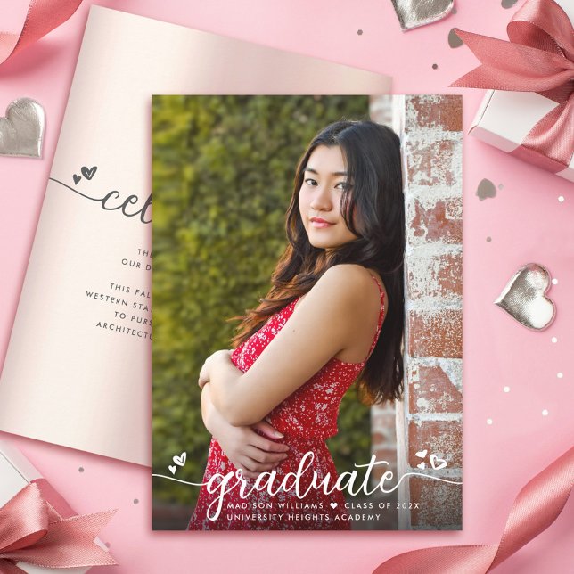 Rose Gold Graduation Photo Modern Script Hearts Announcement (Creator Uploaded)