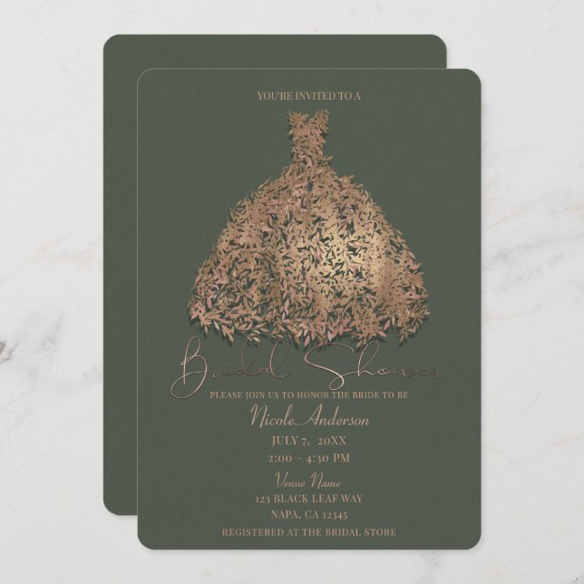 Rose Gold Green Botanical Dress Bridal Shower Invitation (Front/Back)